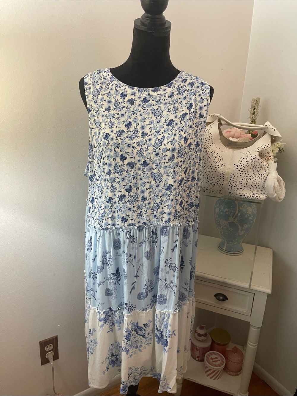 Penelope Rose Blue Floral Midi Sleevless Dtess with White Slip